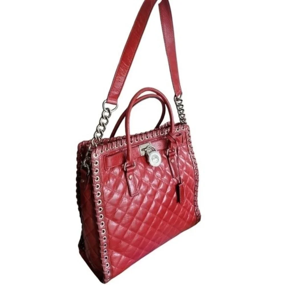 Michael Kors Hamilton Quilted Satchel Shoulder Crossbody Bag Red Leather